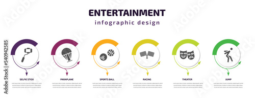 entertainment infographic template with icons and 6 step or option. entertainment icons such as selfie stick, paraplane, sports ball, racing, theater, jump vector. can be used for banner, info