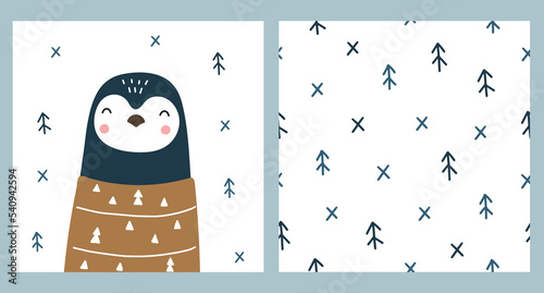 Cute poster with a polar penguin in a sweater and seamless pattern in scandinavian style. Vector illustration for your design