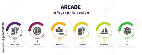 arcade infographic template with icons and 6 step or option. arcade icons such as magic cards, shooter, air hockey, gambler, sailing boat, dice vector. can be used for banner, info graph, web,