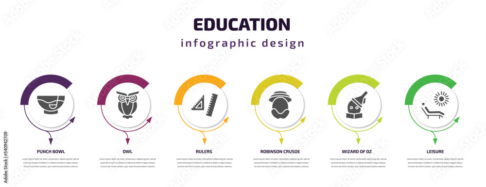 education infographic template with icons and 6 step or option. education icons such as punch bowl, owl, rulers, robinson crusoe, wizard of oz, leisure vector. can be used for banner, info graph,