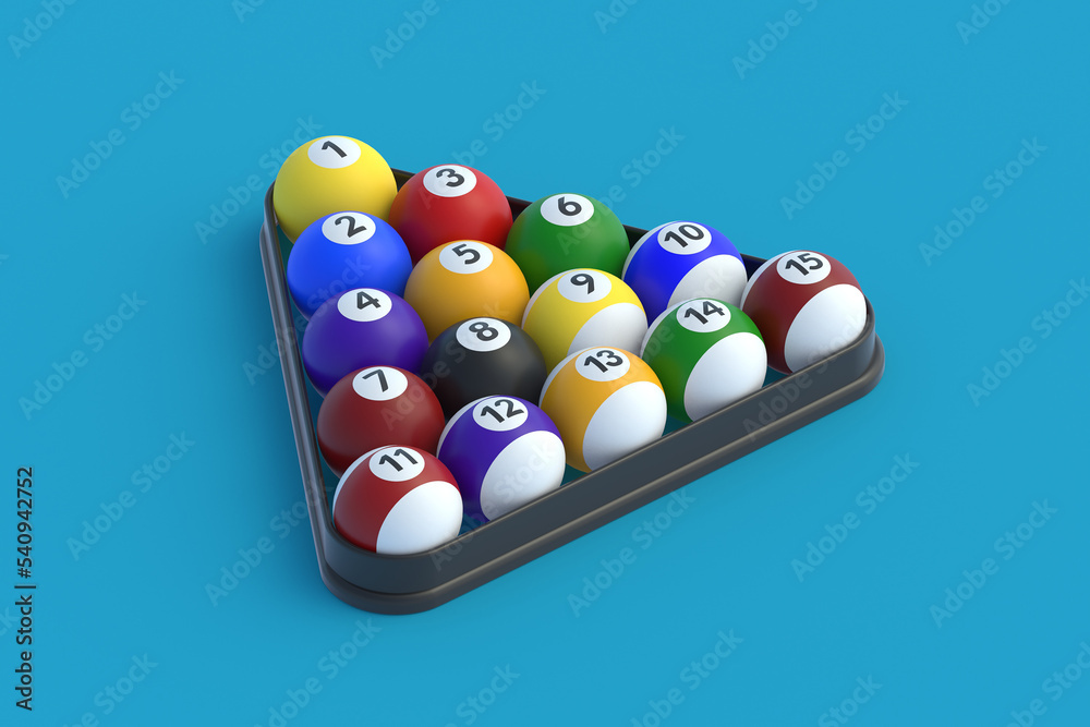 Naklejka premium Billiard balls in plastic triangle. Game for leisure. Sports equipment. 3d render