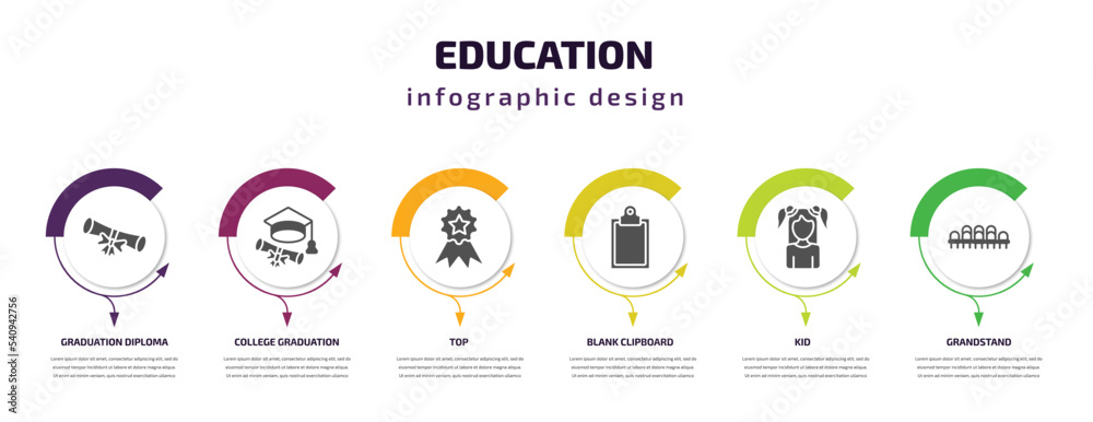 education infographic template with icons and 6 step or option. education icons such as graduation diploma, college graduation, top, blank clipboard, kid, grandstand vector. can be used for banner,