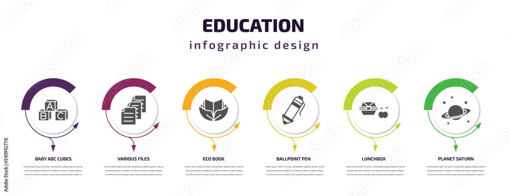 education infographic template with icons and 6 step or option. education icons such as baby abc cubes, various files, eco book, ballpoint pen, lunchbox, planet saturn vector. can be used for