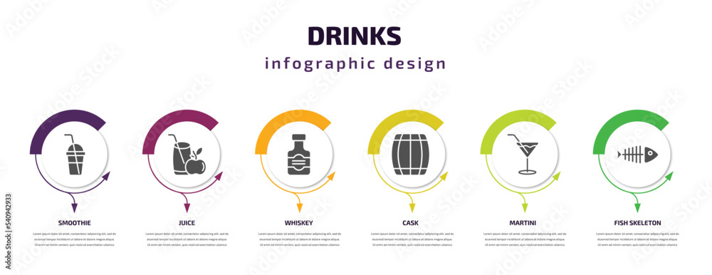 drinks infographic template with icons and 6 step or option. drinks icons such as smoothie, juice, whiskey, cask, martini, fish skeleton vector. can be used for banner, info graph, web, drinks infographic template with icons and 6 step or option. drinks icons such as smoothie, juice, whiskey, cask, martini, fish skeleton vector. can be used for banner, info graph, web,