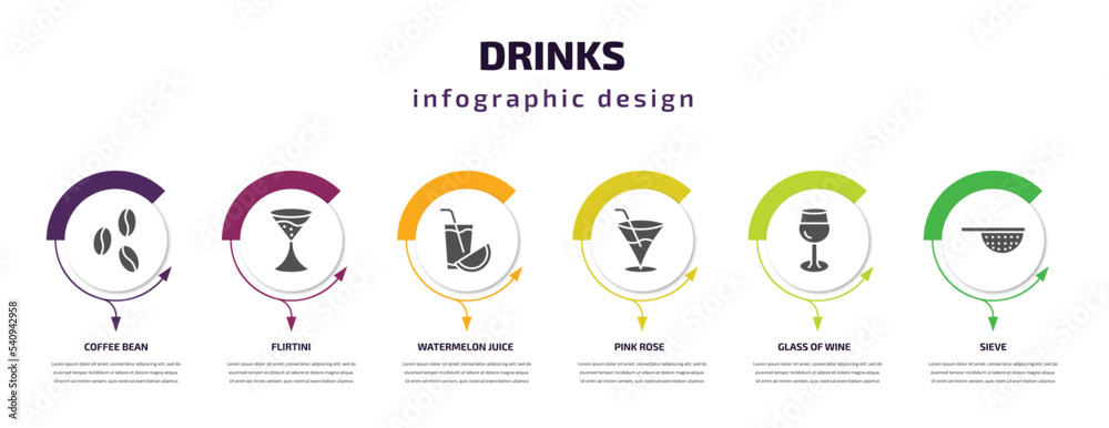 drinks infographic template with icons and 6 step or option. drinks icons such as coffee bean, flirtini, watermelon juice, pink rose, glass of wine, sieve vector. can be used for banner, info graph,