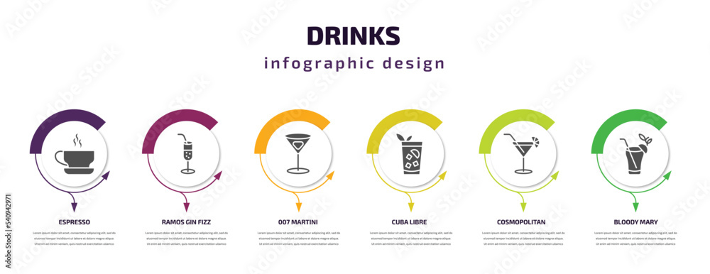 drinks infographic template with icons and 6 step or option. drinks icons such as espresso, ramos gin fizz, 007 martini, cuba libre, cosmopolitan, bloody mary vector. can be used for banner, info drinks infographic template with icons and 6 step or option. drinks icons such as espresso, ramos gin fizz, 007 martini, cuba libre, cosmopolitan, bloody mary vector. can be used for banner, info