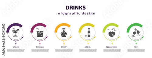 drinks infographic template with icons and 6 step or option. drinks icons such as daiquiri, caipirinha, brandy, alcohol, coconut drink, toast vector. can be used for banner, info graph, web,