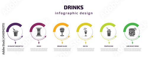 drinks infographic template with icons and 6 step or option. drinks icons such as ice bucket and bottle, jigger, brandy glass, mai tai, frappuccino, lime rickey drink vector. can be used for banner,