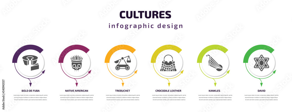 cultures infographic template with icons and 6 step or option. cultures icons such as bolo de fuba, native american skull, trebuchet, crocodile leather bag, kankles, david vector. can be used for