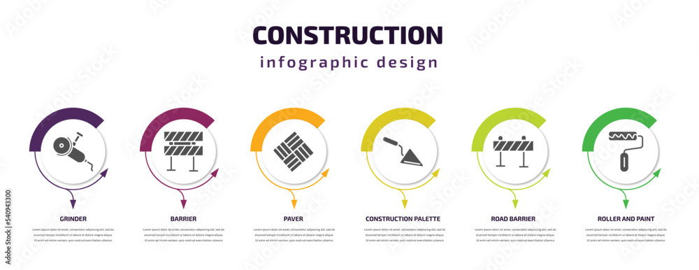 construction infographic template with icons and 6 step or option. construction icons such as grinder, barrier, paver, construction palette, road barrier, roller and paint vector. can be used for