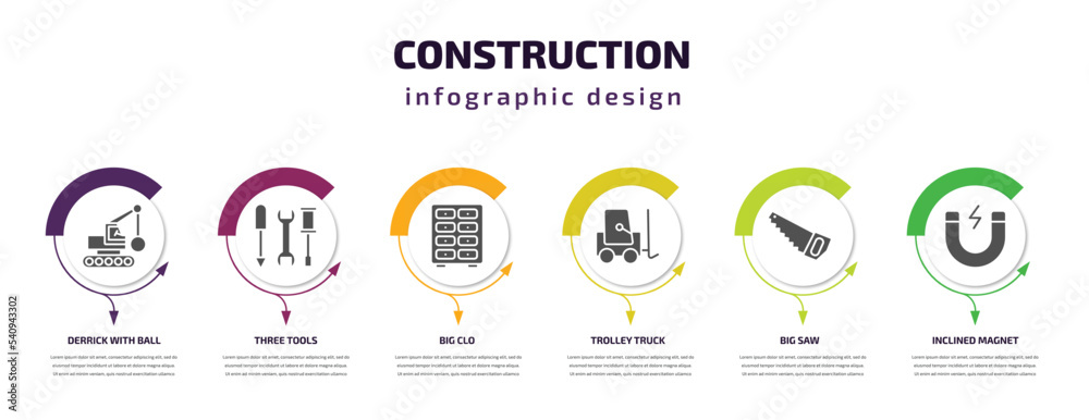 construction infographic template with icons and 6 step or option. construction icons such as derrick with ball, three tools, big clo, trolley truck, big saw, inclined magnet vector. can be used for