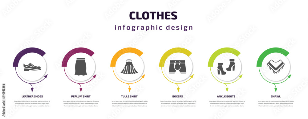 Fototapeta premium clothes infographic template with icons and 6 step or option. clothes icons such as leather shoes, peplum skirt, tulle skirt, boxers, ankle boots, shawl vector. can be used for banner, info graph,