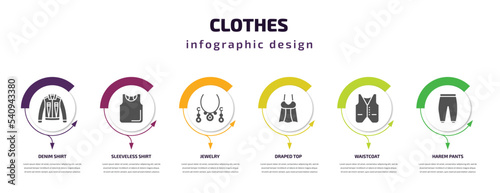 clothes infographic template with icons and 6 step or option. clothes icons such as denim shirt, sleeveless shirt, jewelry, draped top, waistcoat, harem pants vector. can be used for banner, info
