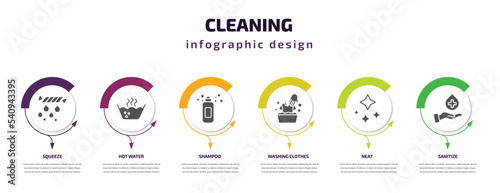 cleaning infographic template with icons and 6 step or option. cleaning icons such as squeeze, hot water, shampoo, washing clothes, neat, sanitize vector. can be used for banner, info graph, web,