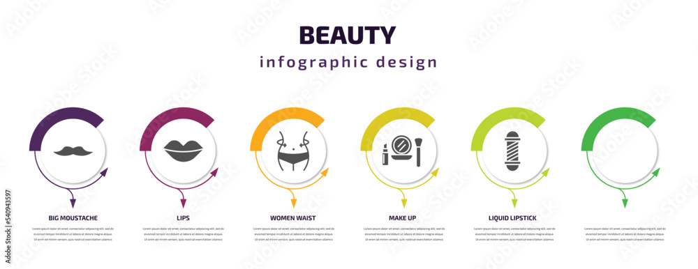 beauty infographic template with icons and 6 step or option. beauty icons such as big moustache, lips, women waist, make up, liquid lipstick, barber shop vector. can be used for banner, info graph,