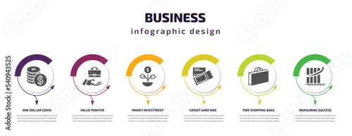 business infographic template with icons and 6 step or option. business icons such as one dollar coins, value pointer, money investment, credit card and ticket, two shopping bags, measuring success
