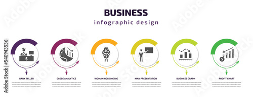 business infographic template with icons and 6 step or option. business icons such as bank teller, globe analytics, woman holding big coin, man presentation, business graph, profit chart vector. can