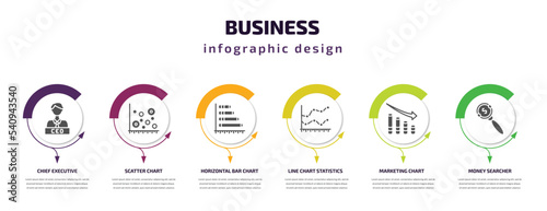 business infographic template with icons and 6 step or option. business icons such as chief executive officer, scatter chart, horizontal bar chart, line chart statistics, marketing money searcher
