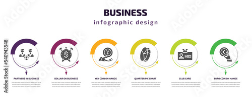 business infographic template with icons and 6 step or option. business icons such as partners in business, dollar on time, yen coin on hands, quarter pie chart, club card, euro coin on hands