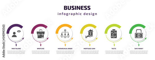 business infographic template with icons and 6 step or option. business icons such as man talking, briefcase, hierarchical order, mortgage loan, tactic, safe money vector. can be used for banner,