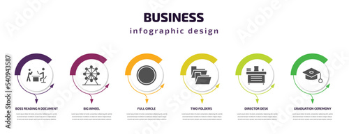 business infographic template with icons and 6 step or option. business icons such as boss reading a document, big wheel, full circle, two folders, director desk, graduation ceremony vector. can be