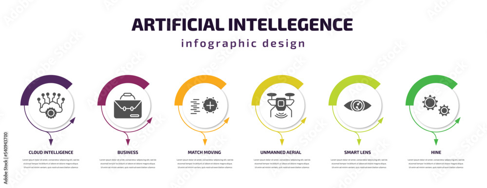 artificial intellegence infographic template with icons and 6 step or option. artificial intellegence icons such as cloud intelligence, business, match moving, unmanned aerial vehicle, smart lens,
