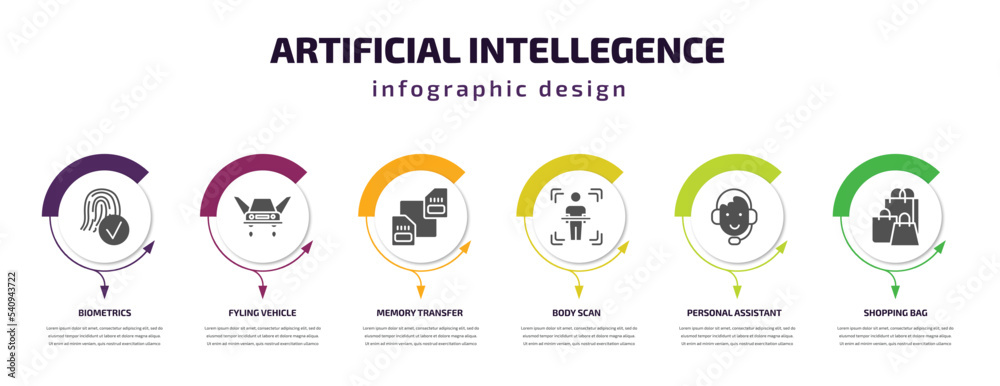 artificial intellegence infographic template with icons and 6 step or option. artificial intellegence icons such as biometrics, fyling vehicle, memory transfer, body scan, personal assistant,