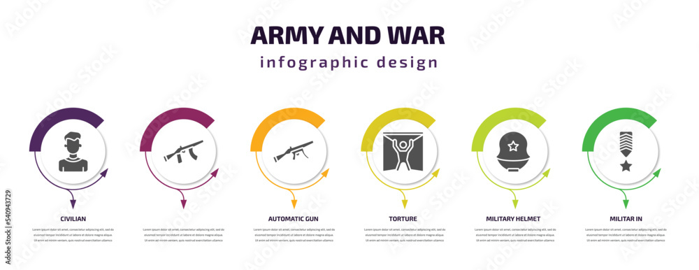 army and war infographic template with icons and 6 step or option. army and war icons such as civilian, , automatic gun, torture, military helmet, militar in vector. can be used for banner, info