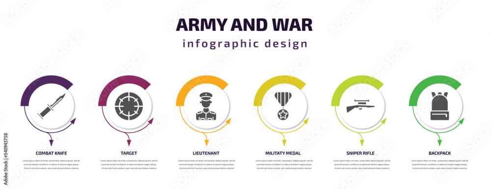 army and war infographic template with icons and 6 step or option. army and war icons such as combat knife, target, lieutenant, militaty medal, sniper rifle, backpack vector. can be used for banner,