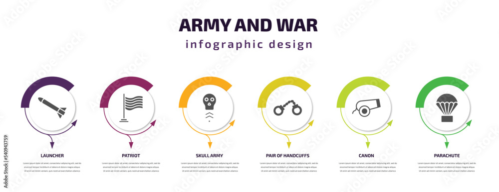 army and war infographic template with icons and 6 step or option. army and war icons such as launcher, patriot, skull army, pair of handcuffs, canon, parachute vector. can be used for banner, info army and war infographic template with icons and 6 step or option. army and war icons such as launcher, patriot, skull army, pair of handcuffs, canon, parachute vector. can be used for banner, info