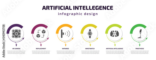 artificial intellegence infographic template with icons and 6 step or option. artificial intellegence icons such as ar camera, replacement, infrared, wristwatch, artificial intelligence, prosthesis