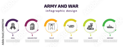 army and war infographic template with icons and 6 step or option. army and war icons such as medal, shoulder strap, pull up, tank, salute, army boat vector. can be used for banner, info graph, web,