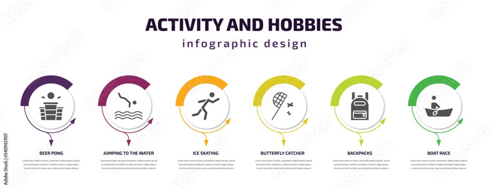 Fototapeta premium activity and hobbies infographic template with icons and 6 step or option. activity and hobbies icons such as beer pong, jumping to the water, ice skating, butterfly catcher, backpacks, boat race