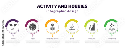 activity and hobbies infographic template with icons and 6 step or option. activity and hobbies icons such as vitamin, greedy, newspaper readign, skiing, rappelling, hydroponics vector. can be used