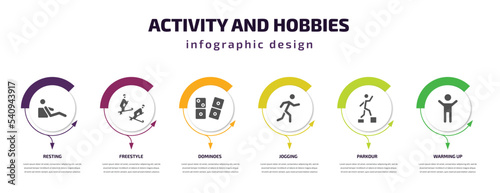 activity and hobbies infographic template with icons and 6 step or option. activity and hobbies icons such as resting, freestyle, dominoes, jogging, parkour, warming up vector. can be used for