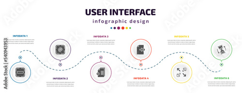 user interface infographic element with icons and 6 step or option. user interface icons such as subtraction, at, new file, next page, full screen, waiting vector. can be used for banner, info