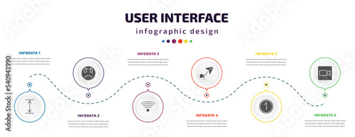 user interface infographic element with icons and 6 step or option. user interface icons such as height, angry smile, , paper plane flying, number, facetime vector. can be used for banner, info
