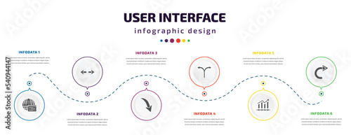 user interface infographic element with icons and 6 step or option. user interface icons such as window interface, turn, down right arrow, bifurcation, evolution, rotated right arrow vector. can be