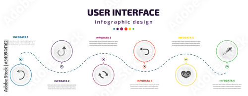 user interface infographic element with icons and 6 step or option. user interface icons such as spinning left arrow, curly dotted arrow, update arrow, left curve, ecologic heart, dotted up vector.