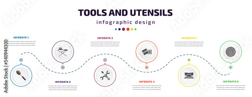 tools and utensils infographic element with icons and 6 step or option. tools and utensils icons such as large spoon, iron table, reparation, chote box, hole puncher, target circles vector. can be
