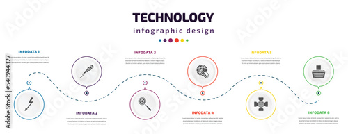 technology infographic element with icons and 6 step or option. technology icons such as lightning arrow, mic with long cable, search bug, news via satellite, cinema light with cable, hood vector. photo