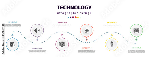 technology infographic element with icons and 6 step or option. technology icons such as entertainer, no audio, world news, ecologic electricity, led lamp, worlwide news vector. can be used for