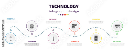 technology infographic element with icons and 6 step or option. technology icons such as eolic, fryer, tv side, little camcorder, heart in a screen, air direction vector. can be used for banner,