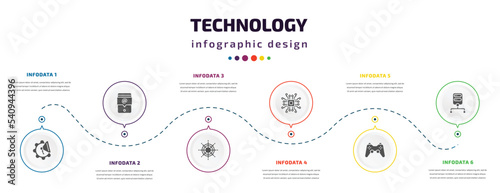 technology infographic element with icons and 6 step or option. technology icons such as marketing automation, mentions, multichannel marketing, elements, video game controller, data architecture