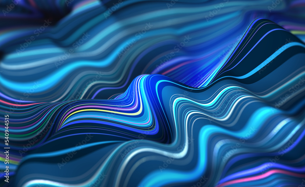 Obraz premium Abstract waves of digital surfaces. Soft fluidity of abstract data flow, stream. 3D illustration of stripes swirling on surface of water