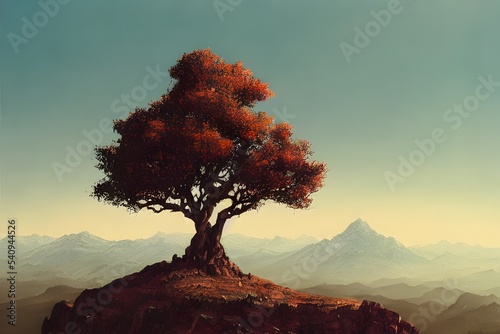 A lone tree grows on a hill. Can show leadership, overcoming adversity, inspiration. 