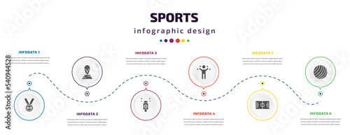 sports infographic element with icons and 6 step or option. sports icons such as weight lifting medal, world cup, motor sports, excersice, basketball court, gym ball vector. can be used for banner,