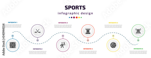 sports infographic element with icons and 6 step or option. sports icons such as game board, hockey, man award, tower from a chess, basketball, work bench vector. can be used for banner, info graph,