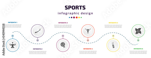 sports infographic element with icons and 6 step or option. sports icons such as yoga posture, saber, equipment, weight lifting, drift car, ninja shuriken vector. can be used for banner, info graph,