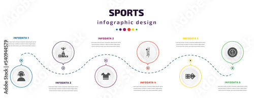 sports infographic element with icons and 6 step or option. sports icons such as commentator, podium with cup, football jersey, climbing with rope, board gaming, pool ball vector. can be used for